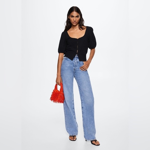 NWT MNG Mango Black Textured Puff Sleeve Top sz Xs - Picture 3 of 13